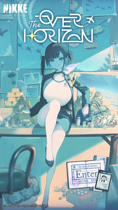 这是手游《胜利女神：妮姬》的官方宣传插画，画面中角色Grad Trudgin扎着双马尾，带着狡黠的坏笑，坐在堆满金条、现金、钻戒与各类物资的桌子上，姿态放松又带着炫耀感。背景是贴满航空运输、空投、直升机等相关照片的墙面，整体色调以蓝青色为主，营造出干练职场风格与暴富反差感的趣味场景，展现出角色与航空、财富相关的设定。