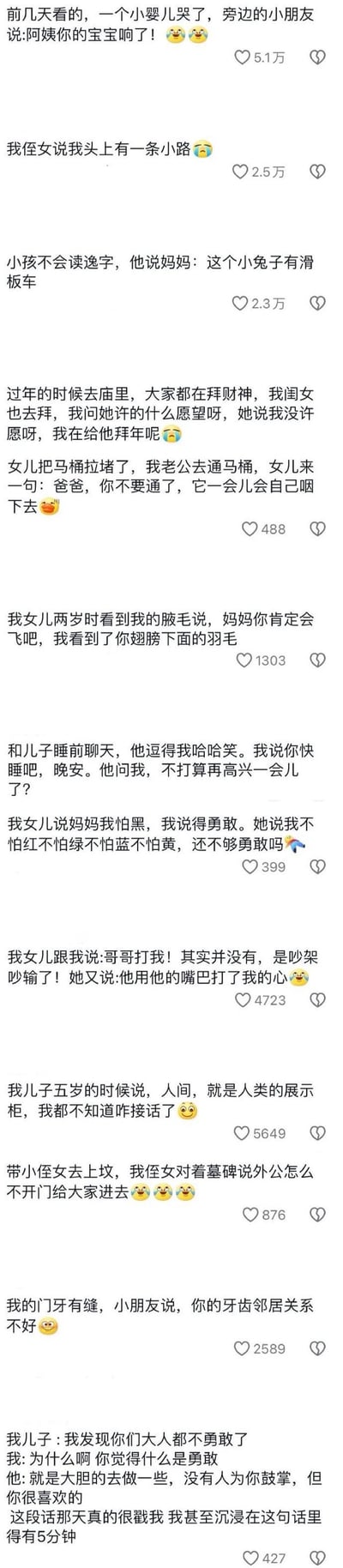 多张社交媒体截图拼接而成的内容，展示了多位家长分享的萌娃经典语录。孩子们以天真视角说出各种令人捧腹的话语，例如把哭泣的婴儿说成“漏气了”、认为妈妈“会飞因为有翅膀下面的羽毛”、将“人间”定义为“人类的展示柜”等，每条动态均附带不同数量的点赞，整体氛围轻松搞笑，充满家庭温馨感。