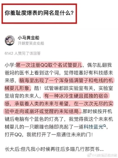 这是一张社交媒体截图，核心是一个问答内容，顶部红框标注的提问为“你羞耻度爆表的网名是什么？”。用户“小马黄金船”分享了自己小学时的社死网名经历：小学第一次注册QQ时，在父母的医书上看到“试管婴儿”一词，因只看了开头便误解其含义，脑补出一个充满科技感的未来机械婴儿形象，认为这个名字酷且承载着未来感，还把电脑开机的蓝光幻想成这个“机械婴儿”的眼瞳蓝光，觉得打开QQ就是开启通往未来的门；而结尾没说完的话暗示了长大后明白该词真实含义后的社死与尴尬，形成了童年天真认知与成年后真实认知的强烈反差，充满趣味与笑点。