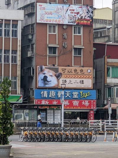 这是一张拍摄于台湾台北市街头的实景照片，画面核心是新光华商场的临街建筑。建筑外悬挂多层招牌：顶部是成人向动漫《瑠璃子》的宣传广告，标注“30萬”“NOW ON SALE”等宣传语；中层是极具网感的趣味招牌，搭配表情戏谑的柴犬表情包，文字为“可以色色 請上二樓”，还模仿游戏角色属性标注了“ATK/2021 DEF/9527”；下层是蓝色的“情趣夢天堂Toys”招牌，明确店铺类型；底层是新光华商场的店面，标注了经营品类包括邮票、钱币、茶具、电脑、成年玩具等。街道上整齐排列着共享单车，还有少量行人，周围是充满生活气息的老旧城市建筑，整体氛围是市井商圈的创意营销场景。