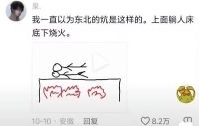这是一张社交媒体评论截图，用户“泉.”（来自安徽）于10月10日发布了一条带有手绘简笔画的评论，内容为“我一直以为东北的炕是这样的。上面躺人床底下烧火。”。配图是一幅简单的黑白线条画：画面中有一个长方形平台，上面躺着两个火柴人，平台下方用红色线条画着火焰图案，形象地表达了用户对东北炕“上层躺人、下层烧火”的天真误解。评论获得了8.2万点赞，反映出网友对这种可爱误解的共鸣。
