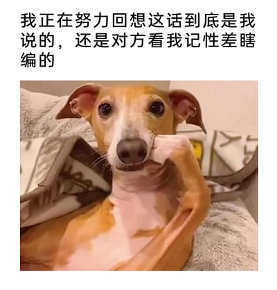 这是一张图文混排的搞笑表情包，上方配有文字“我正在努力回想这话到底是我说的，还是对方看我记性差瞎编的”，下方是一只浅棕白相间的宠物狗，它将爪子放在嘴边，眼神带着疑惑与纠结，神态生动地还原了当自身记性不佳，面对他人提及的“自己说过的话”时，既不确定是否真的出自自己之口，又怀疑对方是否因自己记性差而编造内容的焦虑、纠结心理，精准戳中生活中记性差人群的尴尬日常，极易引发共鸣，常被用作表达此类情绪的网络素材。