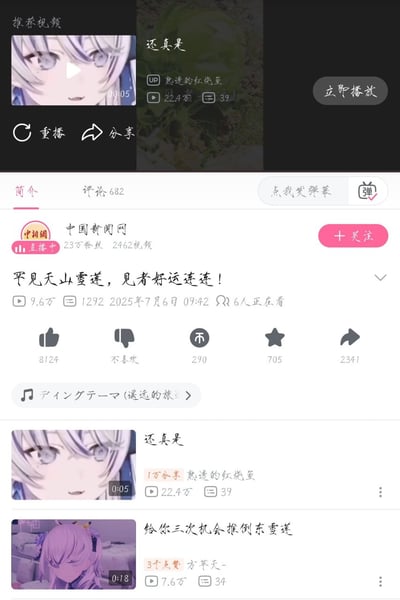这是一张B站视频页面的截图，呈现了一处趣味巧合：官方账号中国新闻网发布的宣传罕见天山雪莲、祝福观者好运的视频下方，推荐栏刚好出现了包含虚拟主播“东雪莲”名称的二次元相关视频，二者都带有“雪莲”字样，毫无关联的内容因文字重合形成了滑稽的联动效果，页面同时保留了B站播放页的完整交互元素、视频数据和其他推荐内容。