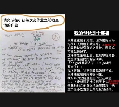 图片左侧为8岁儿童的英文手写作文《My Daddy is a Hero》，作文下方标注D等级评分，上方用橙色线圈出警示文字：“请务必在小孩每次交作业之前检查他的作业”。右侧是中文翻译内容，孩子以童言无忌的视角，将父母的亲密行为误解为“爸爸把妈妈从升天路上救回”，文中描述“妈妈双腿直挺挺立在空中”“爸爸压了很多次直到上帝放过妈妈”，因严重的场景误读引发强烈喜剧效果。