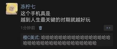 这是一张社交媒体聊天记录截图，画面中用户“冻柠七”以带有黄色光环的小狗为头像，发布了一句吐槽：“这个手机真是越到人生最关键的时期就越好玩”，这句话精准戳中了许多人在需要专注于重要事情时，却难以抗拒手机吸引力的普遍经历；另一用户“橙C美式”则用一连串的“哈哈哈哈”作为回应，既表达了对该吐槽的强烈认同，也传递出觉得此事好笑的情绪，整体内容充满了日常的真实感与共鸣感。