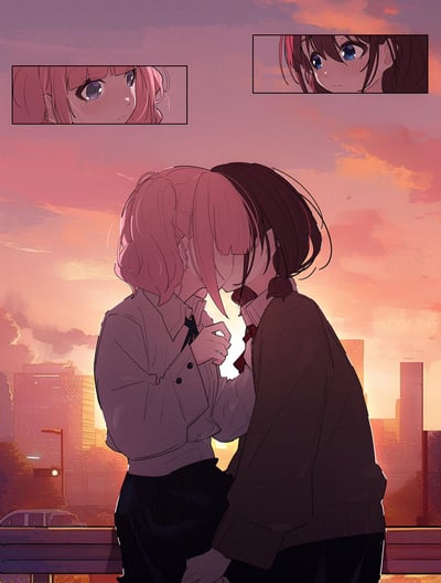 这是一幅百合向的二次元手绘插画，画面主体是两位身着校服的女生在城市黄昏的背景下额头相抵，姿态亲昵，传递出青涩暧昧的氛围。画面上方设置了两个分镜小框，分别展示了两位女生带着羞涩红晕的面部特写，细腻地刻画了她们的少女心事。背景是被晚霞染成粉橙暖色调的天空，远处是模糊的城市建筑轮廓，整体画面色调柔和，氛围温柔又充满悸动的情愫。