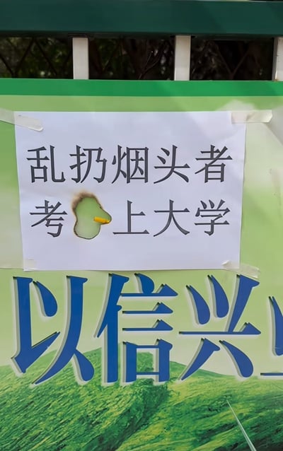 这是一张带有幽默谐音梗的创意警示标语图，白纸上写着“乱扔烟头者 考上大学”，但在“考”与“上”之间有一个被烟头烫出的破洞，洞里还插着一个烟头，用实物呼应了标语的主题。
这里运用了谐音梗，“考”与“烤”同音，烟头烫出的洞对应“烤”的动作，让标语从字面的“考上大学”变成了讽刺乱扔烟头者的“烤上大学”，用反差感拉满的幽默方式，调侃并劝阻乱扔烟头的不文明行为。