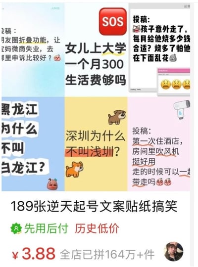 这是一张包含6个不同搞笑问题的多图拼接梗图，采用2x3网格布局。每个格子都有不同的幽默或荒谬问题，包括：
- 朋友圈折叠功能让妈妈微商业绩受影响去哪里申诉
- 女儿上大学一个月300生活费是否足够（带SOS标识）
- 孩子意外去世后每月烧多少钱合适的黑色幽默
- 黑龙江为什么不叫白龙江的地域名称梗
- 深圳为什么不叫浅圳的文字游戏
- 第一次住酒店能否带走吹风机的搞笑疑问
底部有商品推广信息，显示"189张逆天起号文案贴纸搞笑"售价3.88元，已拼164万+件。整体风格轻松幽默，充满网络迷因特色。