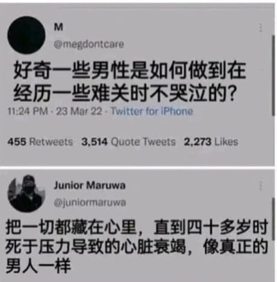 这是一张由两条Twitter（现X平台）推文截图拼接而成的静态图。上方是用户M（@megdontcare）在2022年3月23日11:24通过iPhone发布的推文，提问“好奇一些男性是如何做到在经历一些难关时不哭泣的？”，该推文获得了455次转发、3514次引用推文和2273个点赞。下方是用户Junior Maruwa（@juniormaruwa）的回复推文，内容为“把一切都藏在心里，直到四十多岁时死于压力导致的心脏衰竭，像真正的男人一样”，以尖锐的讽刺口吻，揭示了社会对男性“必须坚强、不能流露脆弱”的刻板印象，这种刻板印象迫使男性压抑情绪，长期下来会对健康造成严重危害，甚至引发致命的疾病。