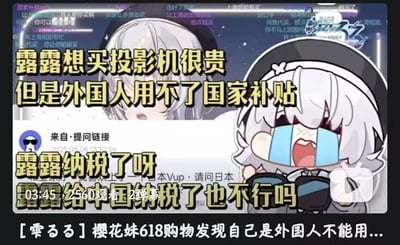 这是一张围绕日本虚拟主播雫るる（露露）制作的搞笑梗图，画面中露露的Q版形象正大哭，搭配文字讲述她在618购物节期间，想要购买投影机却发现自己因外国人身份无法使用中国的购物补贴，委屈地哭诉自己已经给中国纳税了，却还是不能享受相关福利，引发网友的趣味讨论。图中没有双关、谐音梗或暗示内容，就是对外国纳税人能否享受本土购物补贴的搞笑吐槽场景。