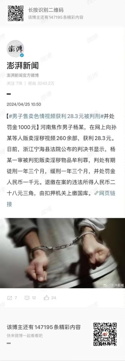 这是澎湃新闻官方微博发布的一则法治新闻：河南焦作男子杨某向他人售卖260余部淫秽视频，仅获利28.3元，被浙江宁海县法院以贩卖淫秽物品牟利罪判处有期徒刑一年三个月，缓刑一年三个月，并处罚金一千元，违法所得上缴国库。配图为戴手铐的人物手部特写，起到警示作用，整体为竖屏微博截图，图文结合展示新闻内容。