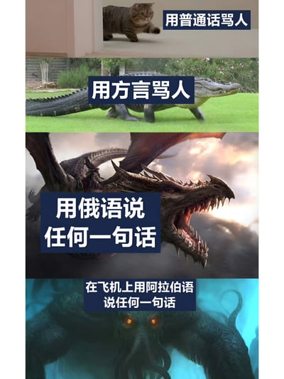 一张四格竖版拼接梗图，通过不同生物的气势对比来幽默调侃不同语言表达的场景。从上到下依次为：室内的猫配文'用普通话骂人'，草地上的鳄鱼配文'用方言骂人'，喷火的巨龙配文'用俄语说任何一句话'，深海触手怪配文'在飞机上用阿拉伯语说任何一句话'。通过生物体型和气势的递增，夸张表现不同语言场景下的'压迫感'。