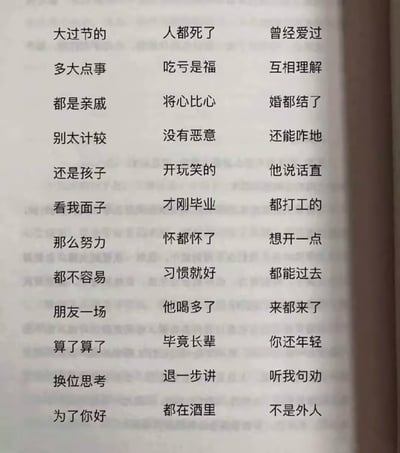 这是一张纯文字竖图，分三列整理了36句日常生活中常见的、用于“和稀泥”或劝人妥协的话术，例如「大过节的」「来都来了」「他说话直」等。这类话术往往忽视当事人的真实情绪，站在第三方视角强行要求当事人退让、忍耐，很容易让被劝说者感到憋屈、烦躁，引发强烈共鸣。图中没有双关、谐音梗或暗示内容。