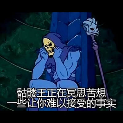 卡通风格的骷髅王身着蓝色连帽装束，坐于蓝色王座之上，双手托住骷髅头部，呈现出冥思苦想的姿态。其身旁立着一根顶端为骷髅头造型的法杖，背景为深绿色，营造出神秘氛围。图片底部有白色文字：“骷髅王正在冥思苦想一些让你难以接受的事实”。