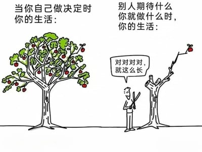 这是一张对比图，左侧展示当你自己做决定时，生活像一棵枝繁叶茂、果实累累的大树；右侧展示当你总是迎合他人期待时，生活像一棵被过度修剪、只剩下一根小树枝和一个果实的树。图中人物手持剪刀正在修剪右侧的树，并说'对对对对，就这么长'，形成鲜明对比，暗示坚持自我决策的重要性。
