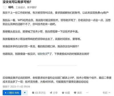 这是一张中文问答社区知乎的用户回答截图，对应的问题是“没文化可以有多可怕？”，答主“喵呜”分享了自己此前在职场遇到的搞笑经历：前公司领导要求他破解WPS稻壳会员账号以获得免费VIP权益，他表示自己没有相关技术后遭到领导责骂，被要求喊技术人员来处理；他叫来技术小哥后，发现技术小哥先哄骗领导说破解需要很长时间把领导支走，随后直接自己扫码付款开通了WPS会员，还表示这笔费用可以算进下季度的公司成本里；后续领导还要求给外宣、企划等多个部门都开通WPS VIP，最终二季度公司成本多了四千多元的“技术支持费”，答主最后调侃自己不懂变通，整个内容是吐槽部分领导缺乏常识、闹出笑话的职场趣事。