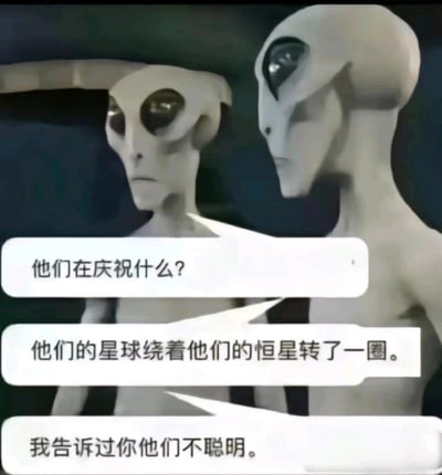 这是一张带有对话的3D渲染趣味图片，画面中是两个经典小灰人形象的外星人，它们神情严肃，似乎在观察人类的行为。对话内容为：左侧外星人询问“他们在庆祝什么？”，右侧外星人回答“他们的星球绕着他们的恒星转了一圈。”，随后补充吐槽“我告诉过你他们不聪明。”。这组对话以外星人的视角，将人类庆祝新年（地球绕太阳公转一周）的行为解构为星球的自然运动，用俯视的吐槽口吻制造出荒诞的幽默效果，让观者从另类视角重新看待习以为常的新年庆祝活动。