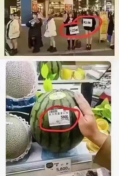 这是一张上下拼接的对比图，上图呈现日本街头场景，几位女性站在街边，其中两人的位置被标注了¥2500和$25.00的价格牌，疑似是陪逛类服务的收费标价；下图是日本超市内的场景，一个熊本县产的西瓜标签上标价5800日元。通过两者价格对比，凸显出日本水果物价的高昂，西瓜价格远超街头服务价格，形成强烈反差，充满荒诞感，用来吐槽日本的高物价现状。
