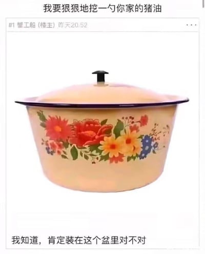 图片展示了一个带有红色、黄色、蓝色花卉图案的米黄色搪瓷盆，盆口有深紫色包边并盖着盖子。图片上方配有文字“我要狠狠地挖一勺你家的猪油”，下方文字为“我知道，肯定装在这个盆里对不对”，顶部显示“#1 蟹工船 (楼主) 昨天20:52”的评论头信息，整体呈现一种带有生活气息的调侃风格。