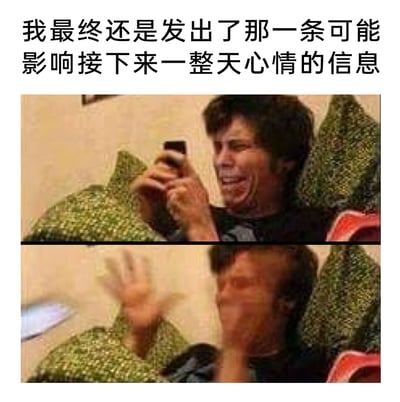 这是一张上下对比的连环梗图，顶部配有文字“我最终还是发出了那一条可能影响接下来一整天心情的信息”。上方图中，一名真人双手紧握手机，表情扭曲纠结，呈现出发送重要或纠结消息时的紧张状态；下方图中，该人物手忙脚乱，手机脱离双手，表情崩溃抓狂，精准还原了人们在发送这类消息后，立刻陷入后悔、焦虑与懊恼的情绪，能够引发人们在社交沟通中的情绪共鸣，生动表现出社交焦虑下的内心波动。