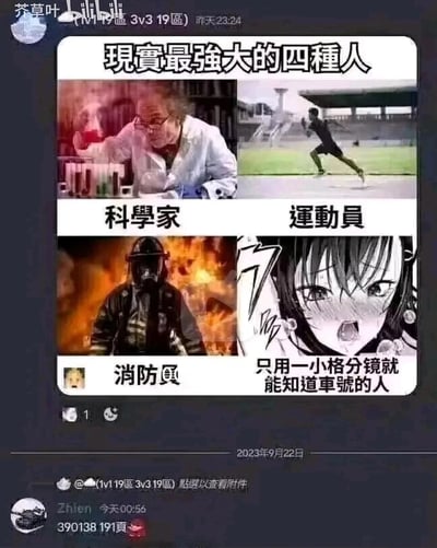 这是一张B站用户发布的动态截图形式的搞笑梗图，以2x2的四格排版呈现“现实最强大的四种人”：前三格为写实图片，分别对应现实中公认的强大职业——专注做实验的科学家、正在跑步冲刺的运动员、身处火场执行任务的消防员；第四格则是一张脸红流汗、表情激动的二次元动漫少女图，配文“只用一小格分镜就能知道车号的人”，玩了ACGN圈子的小众梗，指能从极小的同人作品分镜细节里解读出作品编号、相关信息的资深二次元爱好者，用现实职业和二次元“特殊能力”的反差感制造笑点。截图下方还有一条评论“390138 191页”，是对该二次元梗的呼应，进一步强化了搞笑效果。