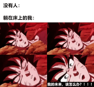 这是一张贴合当代青年情绪的梗图，采用图文混排的多图拼接形式呈现。画面上方以“没有人：”和“躺在床上的我：”的文字对比，营造出无外界触发、纯粹内心思绪翻涌的场景；下方四格是截取自动画《龙珠》的孙悟空截图，表情从眉头紧皱、痛苦纠结，逐渐过渡到突然睁眼、眼神充满迷茫与焦虑，最后一格配文“我的未来，该怎么办？！！！”，精准刻画了当代年轻人在深夜独处、躺在床上时，毫无预兆地被对未来的迷茫与焦虑侵袭的状态，极易引发同类人群的情感共鸣。