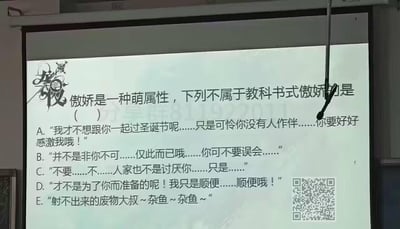 这是一张投影屏幕的截图，展示了一道针对ACGN文化中「傲娇」萌属性的趣味选择题，题目要求选出**不属于教科书式傲娇**的选项。
选项A到D都是典型的傲娇发言：嘴上说着拒绝、不在意的话语，实则暗藏关心或在意，符合傲娇「口是心非」的核心特征；而选项E是纯粹的辱骂贬低，没有体现傲娇口是心非的特点，因此答案为E。
傲娇的核心是「口不对心」，表面表达排斥、无所谓，实际行动或真实想法是在意、关心对方。