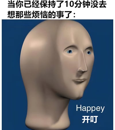 图片上方有文字'当你已经保持了10分钟没去想那些烦恼的事了：'，下方是一个3D渲染的人头形象，该人头呈现出两个脸融合在一起的奇特视觉效果，面部表情平静，眼睛为蓝色。右下角有'Happey 开叮'的文字，其中'Happey'是'Happy'的拼写错误，'开叮'无明确含义，可能是为了增加趣味性的无意义文字。整体通过怪异的3D形象与文字结合，幽默地表现了暂时摆脱烦恼后的奇特心理状态。
