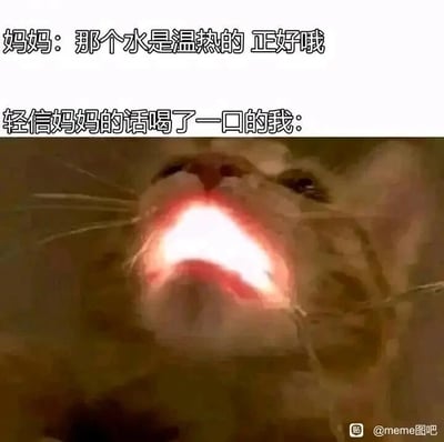 这是一张搞笑生活梗图，图中分为上下两部分文字和一张猫咪图片。上方文字是妈妈的话语：“那个水是温热的 正好哦”，下方文字是“轻信妈妈的话喝了一口的我：”，搭配一张经过P图处理的猫咪图片，猫咪仰头大张着嘴，嘴巴里发出明亮的红光，用夸张的视觉效果表现出“我”喝到实际上很烫的水后，极度痛苦、崩溃的状态。这张图精准还原了生活中很多人都有过的经历：长辈觉得温度合适的水，实际上对于自己来说非常烫，被误导喝下去后的难受瞬间，用幽默夸张的方式引发观者的共鸣。