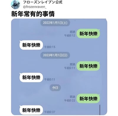 这张图片展示了一个有趣的新年祝福模式，通过三年的聊天记录对比，显示了相同的人在不同年份的新年零点左右互相发送"新年快乐"祝福的场景。图片以聊天界面的形式呈现，上方有用户信息和标题"新年常有的事情"，下方展示了2022年、2023年和"今日"的三组祝福对话，形成了一种幽默的重复模式。