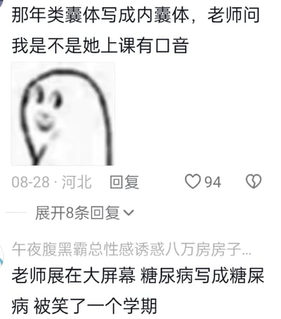 这是一张抖音评论区的竖屏截图，展示了两条网友分享的校园时期写错字的社死经历：第一条来自河北的网友回忆自己曾将生物学术语“类囊体”误写为“内囊体”，老师看到后疑惑地询问是不是自己上课有口音，该评论搭配了一个面带尴尬微笑、姿态局促的简笔画卡通形象，获得了94个点赞，还有8条未展开的回复；第二条网友分享自己将“糖尿病”错写成“糖屎病”，被老师展示在班级大屏幕上，因此被同学嘲笑了一个学期。整体内容充满了校园生活的搞笑与尴尬感，容易引发有类似经历的用户共鸣。