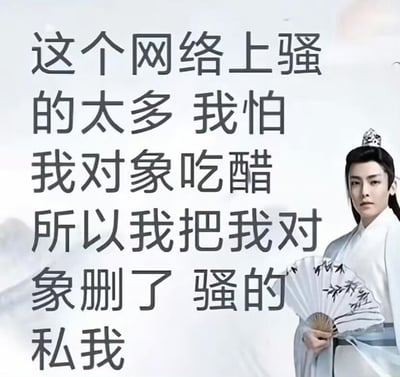 这张图用大字写出了网络流行的“强的私我”梗，内容为“这个网络上强的太多，我怕我对象吃醋，所以我把我对象删了，强的私我”，结合古风装扮，既有调侃意味也有自嘲。表述方式幽默，把“强的太多”指的是网络上很多“厉害的人/优秀的人”，但最后一句断句巧妙制造双关梗，把“强的私我”作为对自己的一种夸奖，谐音也可能暗示“墙的私我”，主打自我安慰、孤单搞笑。整体表现出一种无奈又自夸的氛围，适合被用来自嘲、朋友圈调侃。

双关/谐音：最后一句“强的私我”是一种网络梗，意思是“很强的人应该私信我”，但这里变成自夸和自我调侃。