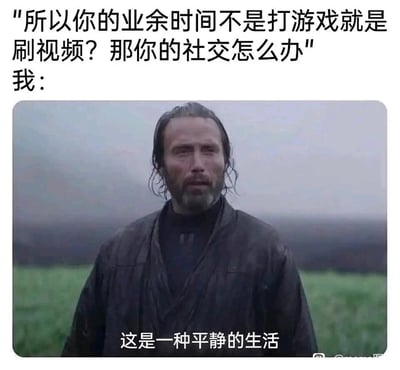 这是一张贴合当代年轻人生活状态的改编梗图，上方以他人的提问引出话题，质疑低社交、宅家式的业余生活方式，下方则用丹麦演员麦斯·米科尔森饰演的沧桑角色的截图，搭配“这是一种平静的生活”的文字，作为对提问的回应，精准传递出享受独处、不被社交压力束缚，偏爱平静宅家生活的态度，能够引发不少有类似生活状态的年轻人的共鸣。