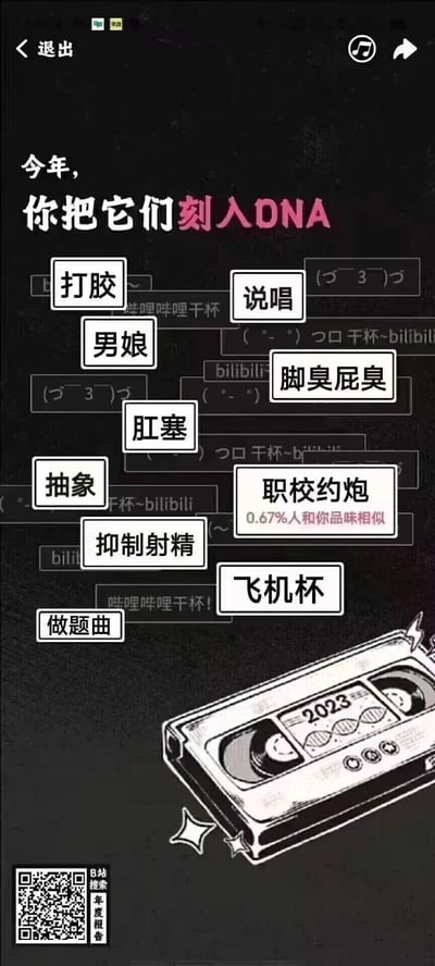这是一张模仿哔哩哔哩（B站）年度报告形式制作的恶搞静态图，顶部以“今年，你把它们刻入DNA”作为标题，图中用框体突出罗列了“打胶”“男娘”“说唱”“脚臭屁臭”“肛塞”“抽象”“职校约炮”“抑制射精”“飞机杯”“做题曲”等带有低俗、抽象性质的网络亚文化词汇，其中“职校约炮”还标注了“0.67%人和你品味相似”的模仿性文案。背景中穿插着B站经典弹幕元素，如“(づ￣ 3￣)づ”“つロ 干杯~bilibili”“bilibili”等，底部配有标注“2023”的磁带图案，左下角设置了“B站搜索 年度报告”的二维码，整体是对B站年度报告的玩梗改编，内容包含大量低俗、不雅的网络亚文化内容，以反差恶搞为创作目的。