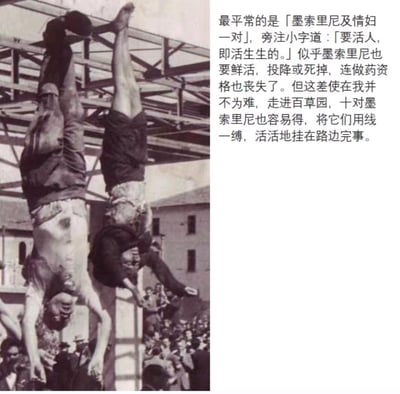 这是一张左右拼接的图文内容，左侧是1945年的真实历史照片，呈现意大利法西斯独裁者墨索里尼和他的情妇克拉拉·贝塔西被倒吊在米兰洛雷托广场示众的场景，二人尸体姿态狼狈，下方有围观的人群；右侧是一段网友仿鲁迅《药》的文风创作的讽刺文字，将墨索里尼及情妇比作可以轻易获取的药引，调侃其无论是投降还是死亡，都连做药的资格都丧失了，用荒诞的文学式吐槽消解历史人物的符号性，形成强烈的讽刺效果。