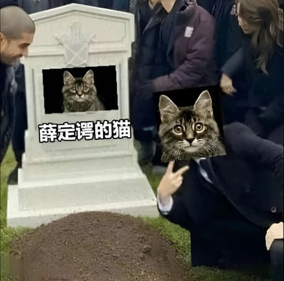 图片左侧是一个白色墓碑，墓碑上有一个方形开口，一只表情惊讶的猫从开口中探出头来，墓碑前有一堆新土。图片右侧是一个穿着西装的人，他的脸被替换成了一只表情同样惊讶的猫脸，正对着镜头比出剪刀手手势。背景中还有其他穿着深色衣服的人，似乎在参加葬礼。图片左侧有文字“薛定谔的猫”。这张图片通过幽默的方式演绎了量子物理中的“薛定谔的猫”思想实验，将处于生死叠加态的猫具象化为从墓碑中探出头的形象。
