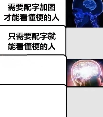 这是一张对比不同人理解梗图能力的四格漫画式图片。左上角文字为'需要配字加图才能看懂梗的人'，对应右侧蓝色的简单大脑图像；左下角文字为'只需要配字就能看懂梗的人'，对应右侧空白区域；下方两个格子目前为空白，可能暗示更高级别的理解能力。图片通过文字与大脑图像的组合，幽默地表现了不同人对网络梗的理解能力差异。