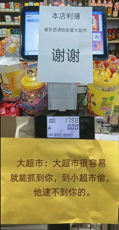 该图为上下拼接的两张图，上半部分实拍小型便利店的收银台场景，收银设备旁摆放着棒棒糖、零食等商品，台上贴着一张白色告示，内容为“本店利薄，偷东西请到前面大超市 谢谢”，以无奈又调侃的语气劝退来本店偷窃的人；下半部分是网友创作的模拟大超市的回应告示，黄色纸张上写着“大超市：大超市很容易就能抓到你，到小超市偷，他逮不到你的。”，双方互相甩锅，用荒诞幽默的方式调侃偷盗行为，形成搞笑反差笑点。