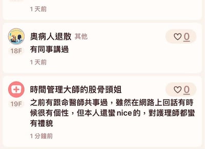 这是一张论坛评论区的截图，展示了两条关于同事经历的评论。第一条评论来自用户'奥病人退散 其他'（18F），内容简短提到'有同事讲过'，发布于1天前。第二条评论来自用户'时间管理大师的股骨頭姐'（19F），详细分享了与某位医生共事的经历，提到虽然该医生在网络上回话有个性，但本人很nice，对护理师都有礼貌，发布于1分钟前。两条评论均显示0个点赞。