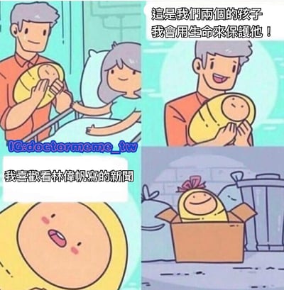 四格漫画展示一对父母刚生下孩子，父亲抱着婴儿深情表示"這是我們兩個的孩子 我會用生命來保護他！"，但当婴儿说出"我喜歡看林偉帆寫的新聞"后，父亲立刻将婴儿丢进了垃圾桶。通过前后态度的巨大反差制造幽默讽刺效果。