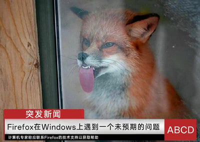 这是一张网友创作的趣味合成梗图，画面主体是一只隔着玻璃的真实狐狸，它吐着舌头，眼神呆滞，神态看起来有些异样，对应Firefox浏览器的中文译名“火狐”。画面下方搭配模仿新闻播报的字幕区域：顶部红色栏标注“突发新闻”，中间白色栏写着“Firefox在Windows上遇到一个未预期的问题”，下方小字补充“计算机专家称应联系Firefox的技术支持以获取帮助”，右下角还有红色的“ABCD”标识。该图利用Firefox的品牌形象与真实动物的关联，通过新闻播报的严肃形式，制造出“火狐（真实狐狸）出问题”的双关效果，调侃Firefox浏览器在Windows系统中出现故障的情况，充满趣味性。