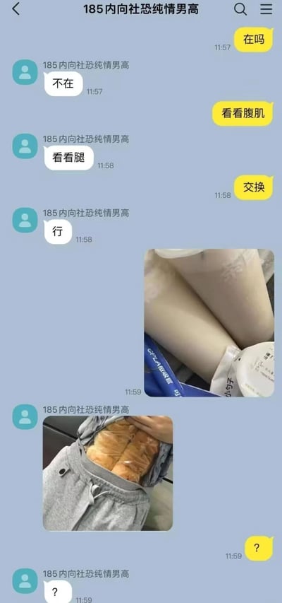 这是一张微信聊天记录截图，展示了一场充满反差萌的搞笑对话。联系人备注为“185内向社恐纯情男高”，对方先以“在吗”开启对话，男高回复“不在”尽显社恐本色。随后对方要求“看看腹肌”，男高反将一军“看看腿”，双方达成“交换”共识。对方发送一张腿部照片后，男高发来的“腹肌照”竟是掀起卫衣露出腹部的面包，用食物巧妙替代肌肉，形成强烈的幽默反差，最后双方都以“?”表达疑惑，笑点拉满。