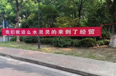 这是一张户外实景拍摄的照片，画面核心是一条悬挂在树木之间的红色横幅，横幅上用醒目的白色字体写着“我们就这么水灵灵的来到了经贸”。横幅的背景是郁郁葱葱的树木与灌木丛，下方是铺设整齐的人行道和马路，整体环境呈现出大学校园户外区域的清新氛围。这条横幅用词活泼俏皮，“水灵灵”一词既体现出新生们充满朝气、鲜活灵动的状态，也让迎新的氛围显得轻松欢快，是院校为迎接新入学学生所设置的趣味迎新标语。