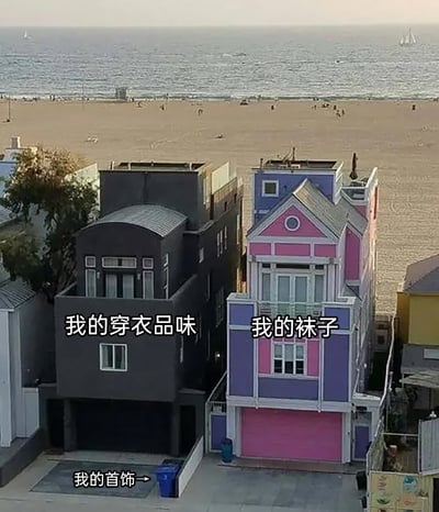 这是一张经过文字二次创作的海边住宅实拍梗图，背景是海滩与海洋，前景是几栋风格迥异的住宅。左侧是深黑色调、设计简约低调的房屋，被标注“我的穿衣品味”，代表个人日常穿搭风格偏向简约沉稳；右侧是粉紫撞色、设计花哨活泼的房屋，被标注“我的袜子”，用来调侃自己的袜子风格与穿搭品味形成巨大反差；左下角的蓝色垃圾桶被标注“我的首饰”，进一步自嘲首饰在穿搭里存在感极低。整体通过房屋风格与穿搭物品的趣味对应，制造出幽默的反差效果，引发网友对日常穿搭小细节的共鸣。