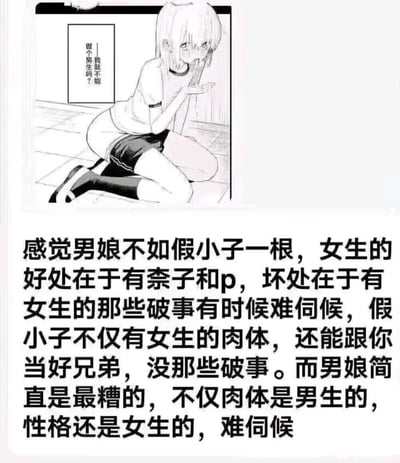这是一张图文混排的内容，上方是一幅黑白二次元漫画，画中一位中性外貌的角色跪坐在地上，神情委屈，旁边的对白框写着“我就不能做个男生吗？”；下方是一段网友的直白评论，表达了认为男娘不如假小子的主观观点，详细阐述了其眼中女生、假小子、男娘各自的优劣，将评价聚焦在生理特征和相处模式上，观点较为偏激露骨。