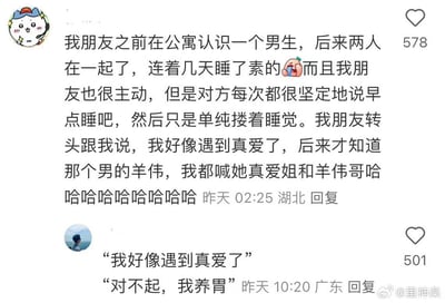 这是一张网络评论区的搞笑截图，内容讲述：网友的朋友在公寓认识一名男生并交往，两人同床时朋友主动但男生只单纯搂着睡觉，朋友以为遇到了真爱，结果发现男生是“羊伟（阳痿谐音）”，网友调侃朋友为“真爱姐”和“羊伟哥”。下方评论用“对不起，我养胃（阳痿谐音）”玩梗呼应，制造反转笑点。

谐音梗说明：“羊伟”是“阳痿”的谐音，“养胃”也是“阳痿”的谐音，用谐音梗制造反转，把浪漫误会变成搞笑段子。