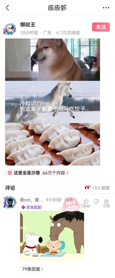 这是社交平台皮皮虾用户“懒哒王”发布的一条搞笑帖子，帖子由三张图拼接而成：第一张是表情略显疑惑的柴犬，第二张是奔跑的白马，配文“冷知识：狗这辈子都看不到马吃饺子”，第三张是摆放整齐的饺子，用无厘头的冷知识制造荒诞笑点。评论区有用户发布了一张美国动画《恶搞之家》的截图，图中拟人化的狗Brian正坐着看向凑向婴儿Stewie的马，桌上还摆放着饺子，直接用这个场景打破了楼主提出的冷知识，形成反差搞笑的互动，这条评论获得了2830个赞，还有79条回复。
