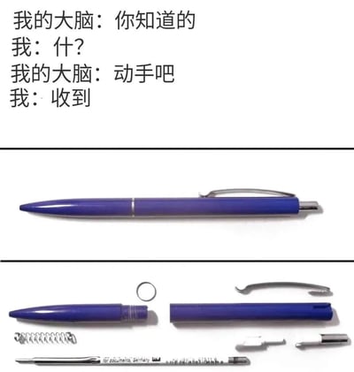 图片分为三部分，顶部是对话文字，中间是完整的蓝色圆珠笔，底部是拆解后的钢笔零件。对话内容为：'我的大脑：你知道的'，'我：什？'，'我的大脑：动手吧'，'我：收到'。这张图幽默地表现了人们有时会无意识地拆解物品的行为。