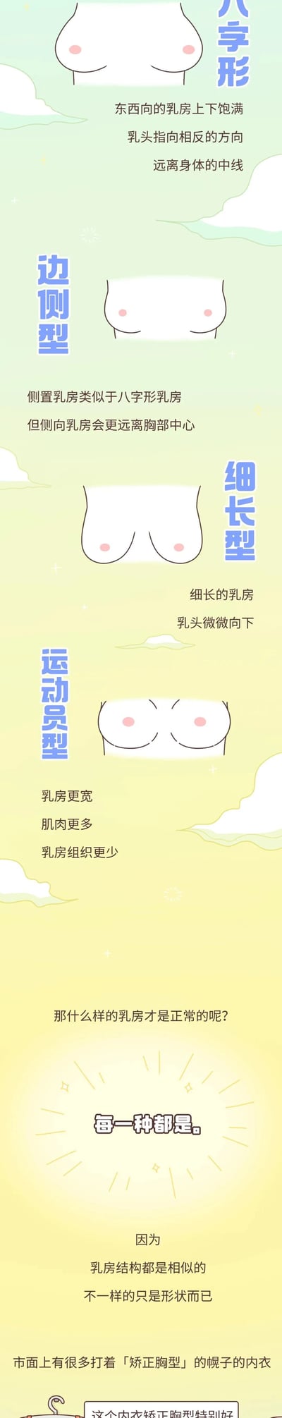 这是一张竖版的女性胸部健康科普图文，采用卡通图示搭配文字说明的形式，依次介绍了四种不同的胸型：1.八字形：乳房上下饱满呈东西向，乳头指向相反方向且远离身体中线；2.边侧型：类似八字形，但乳房更远离胸部中心；3.细长型：乳房形态细长，乳头微微向下；4.运动员型：乳房更宽，肌肉占比更多，乳房组织更少。图文最后提出「什么样的乳房才是正常的」的问题，并给出答案：每一种胸型都是正常的，因为乳房结构相似，仅形状有差异，同时指出市面上存在打着「矫正胸型」旗号的内衣，引导大众树立正确的胸型认知，避免被商家误导。