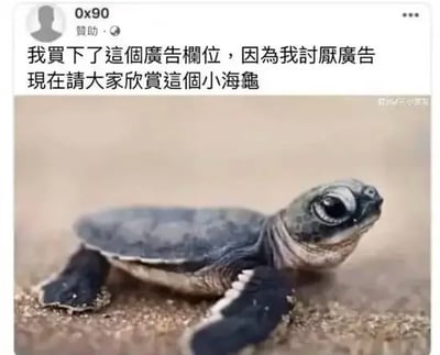 社交媒体截图，显示用户0x90的赞助帖。帖文内容为：'我买下了这个广告栏位，因为我讨厌广告 现在请大家欣赏这个小海龟'，下方配有一张小海龟在沙滩上爬行的可爱照片。整体传达出用善意替代广告的暖心氛围，展现了抵制商业广告、分享美好事物的积极态度。